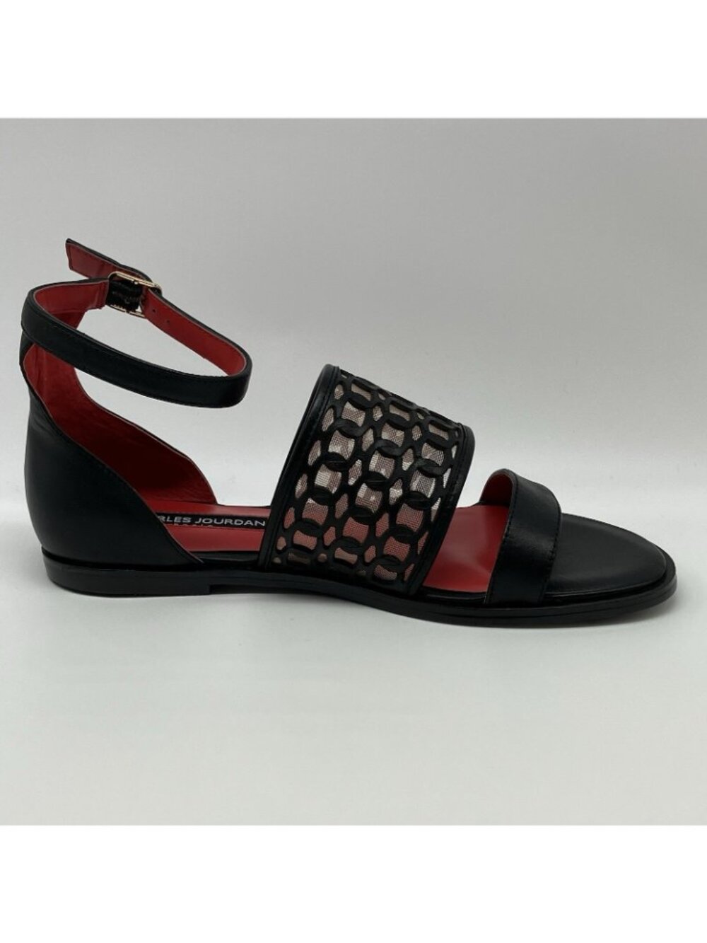 Charles Jourdan Black Laser Cut Sandals Ankle Strap Red Sole Size 6M - T17 - Picture 7 of 10